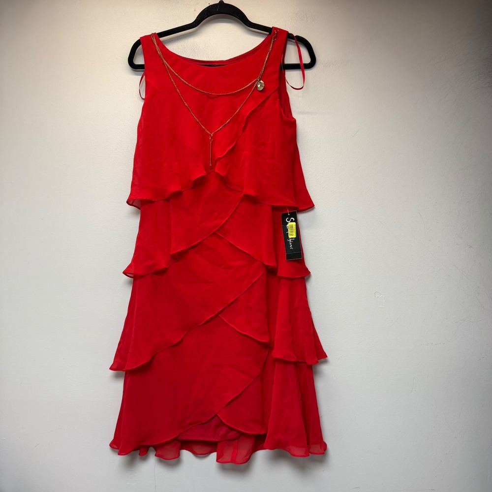 SLNY Tiered Chiffon Dress Women 8 Red New With Tags 119655 Necklace